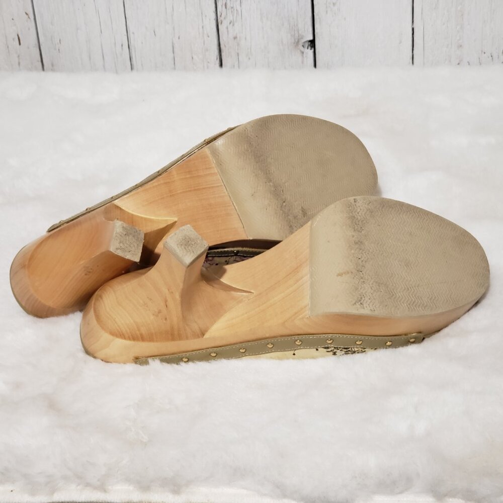 Jeon Art to Wear 9M Leather Heels Clogs Mules Italy Wood Floral Boho Indie Retro - Picture 11 of 11